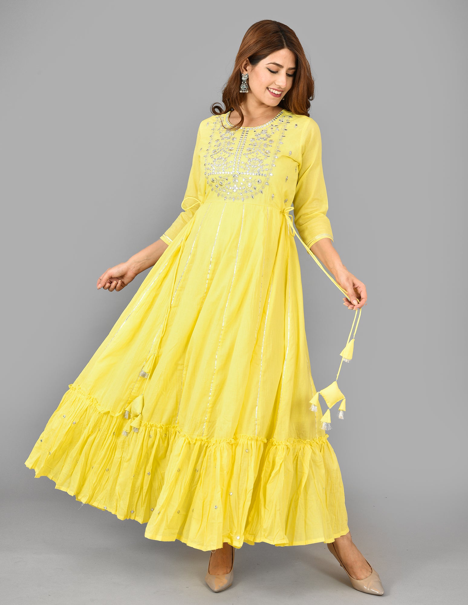 Kaajh Women's Yellow Mirror Embroidery Anarkali Kurta - Distacart