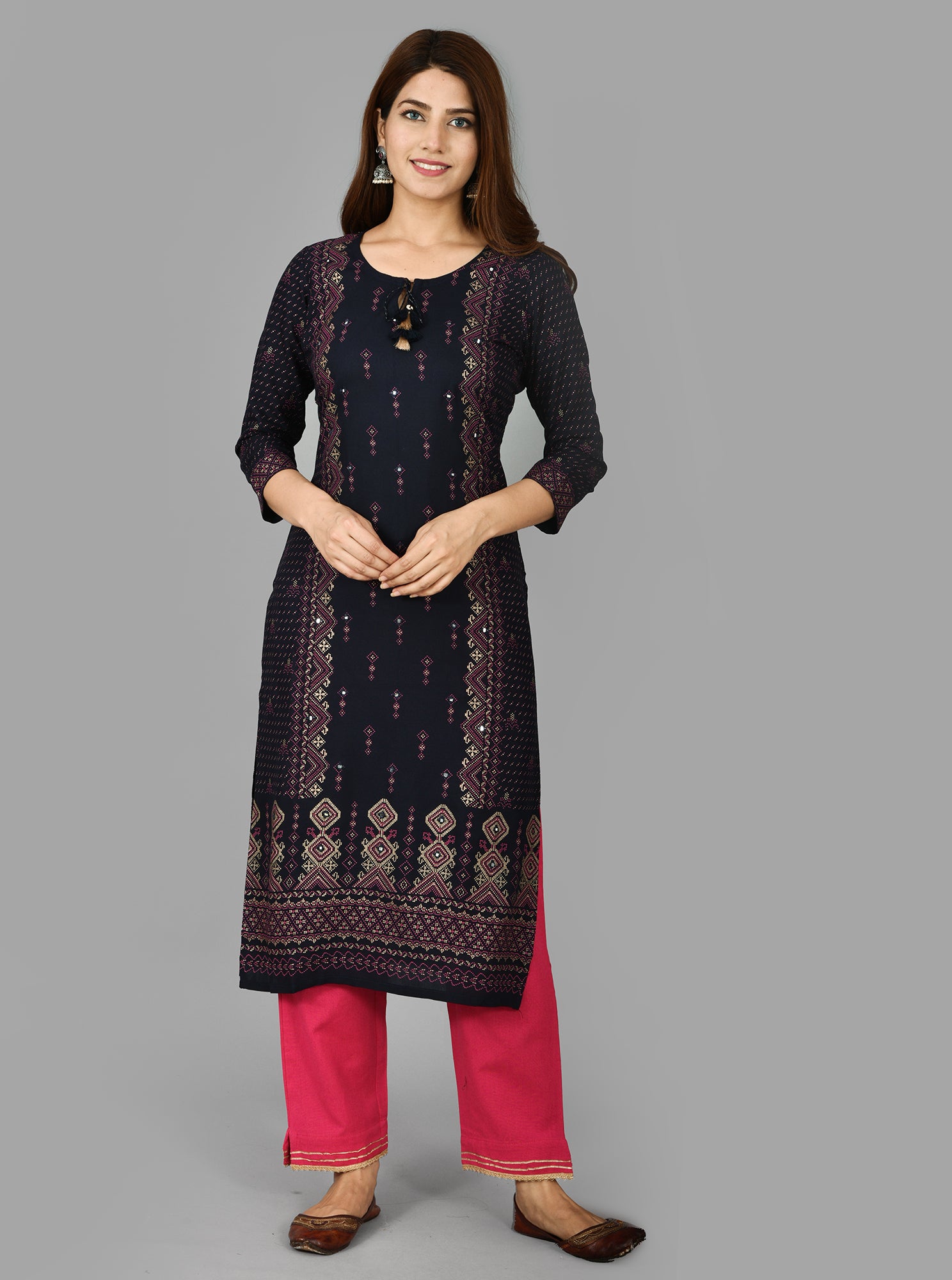 Kaajh Women's Blue Printed Rayon Stitched Kurta Pant Set - Distacart