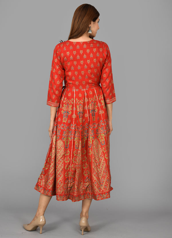 Kaajh Women's Red Gold Print Rayon Kurta - Distacart