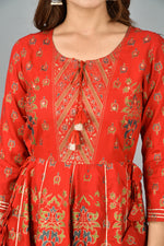 Thumbnail for Kaajh Women's Red Gold Print Rayon Kurta - Distacart