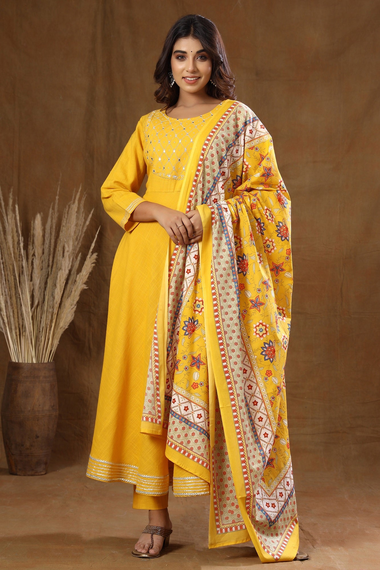 Kaajh Women's Yellow Mirror Embroidery Anarkali Suit Set - Distacart