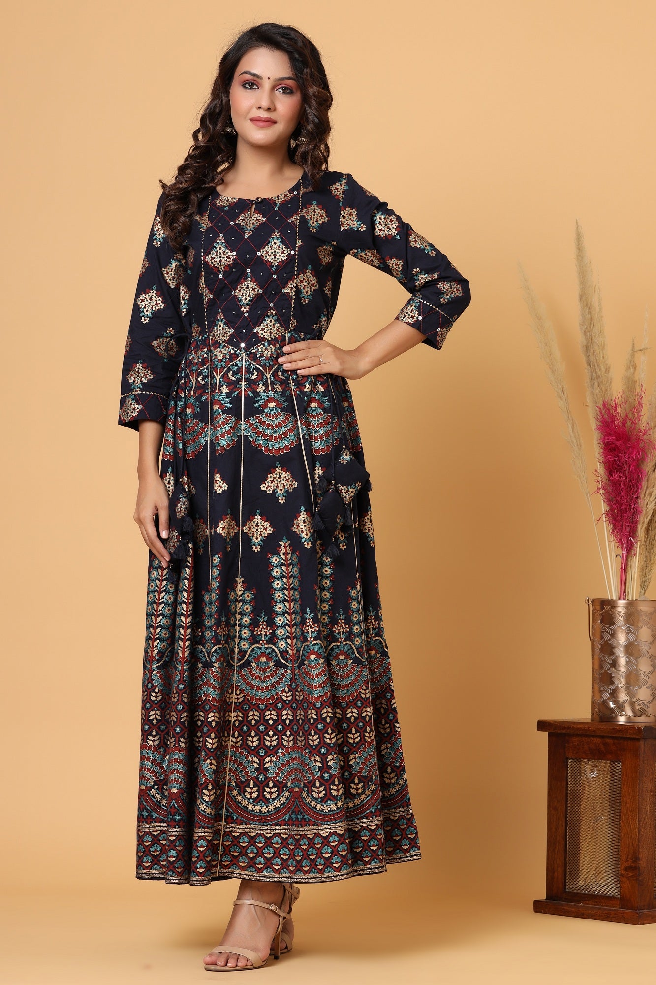 Kaajh Blue Gold Printed Embellishment Anarkali Kurta For Women - Distacart