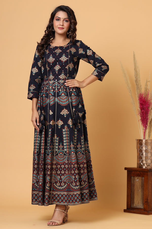 Kaajh Blue Gold Printed Embellishment Anarkali Kurta For Women - Distacart