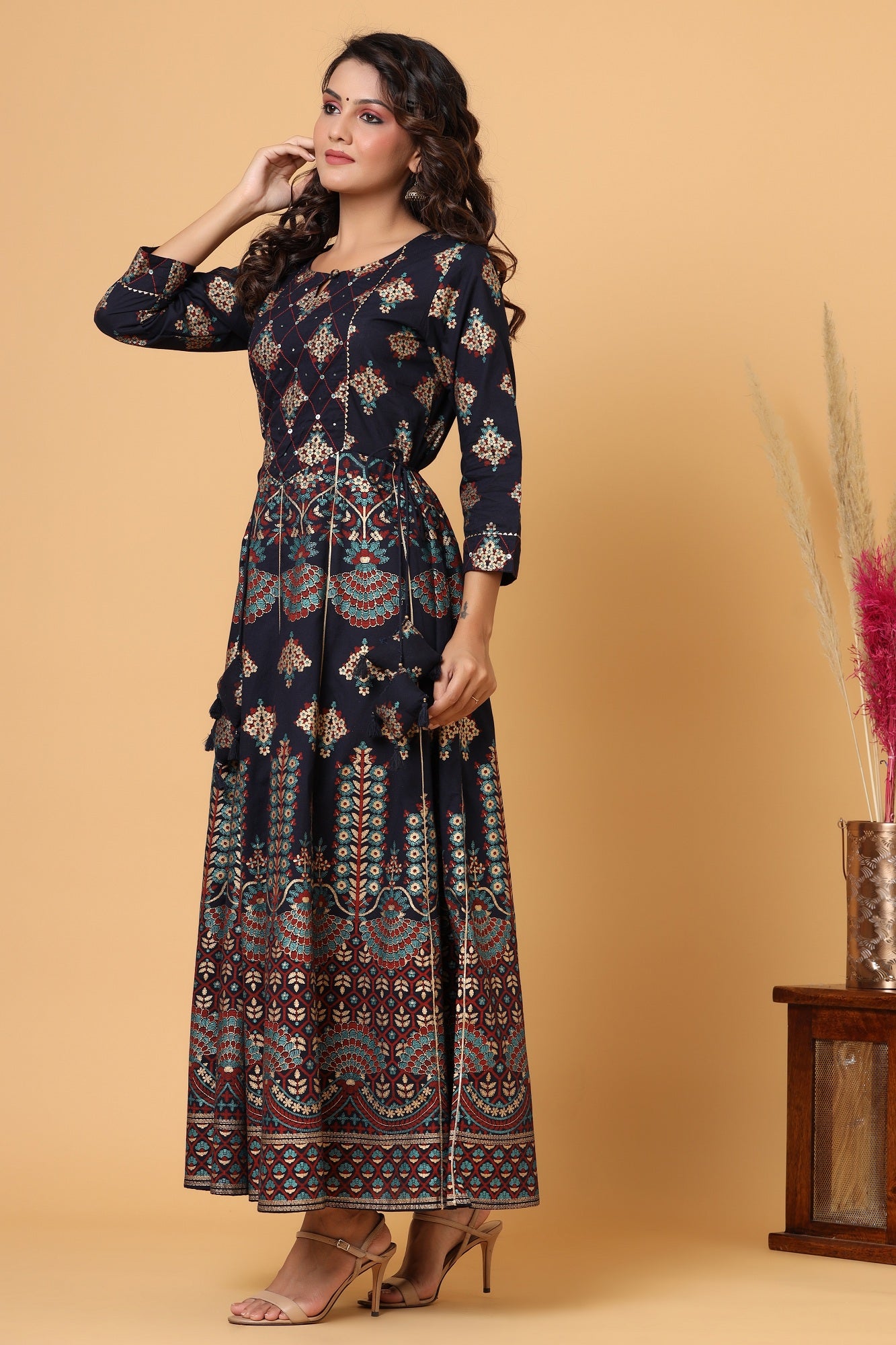Kaajh Blue Gold Printed Embellishment Anarkali Kurta For Women - Distacart
