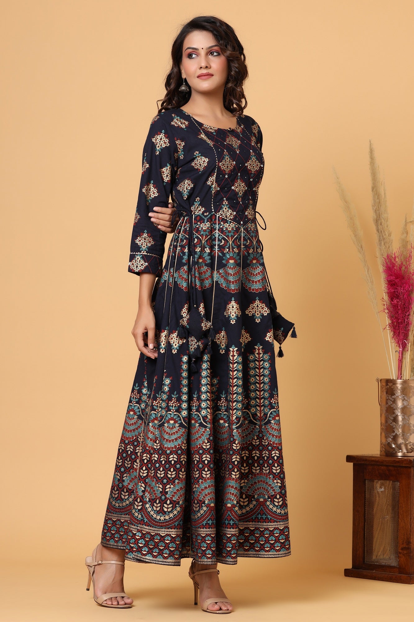 Kaajh Blue Gold Printed Embellishment Anarkali Kurta For Women - Distacart