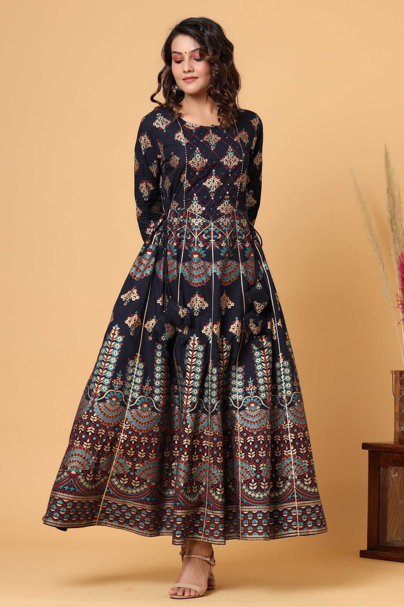 Kaajh Blue Gold Printed Embellishment Anarkali Kurta For Women - Distacart