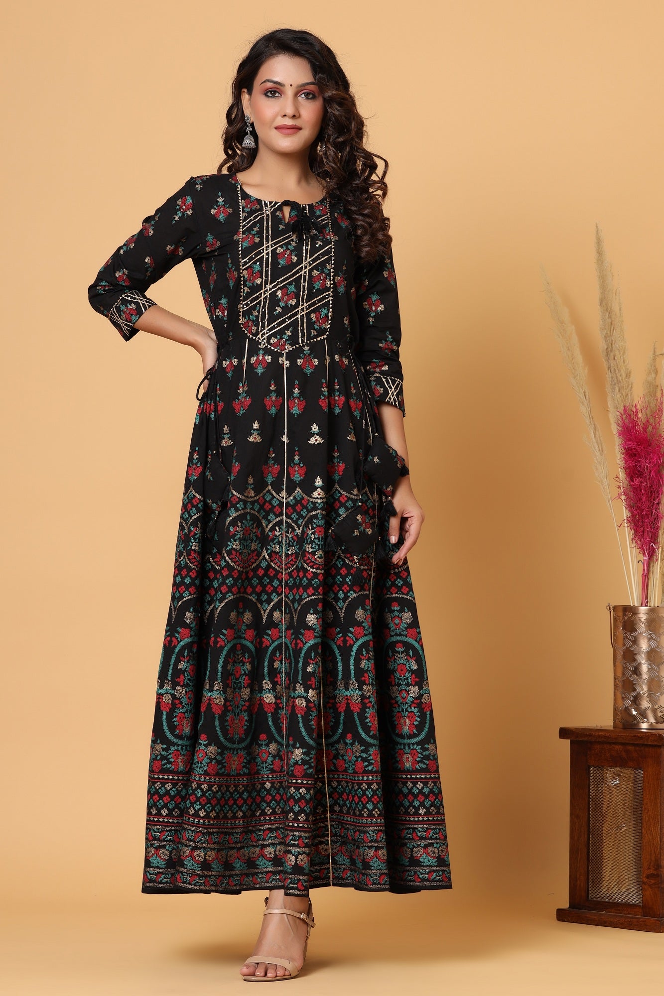 Kaajh Women's Black Gold Printed Embellishment Anarkali Kurta - Distacart