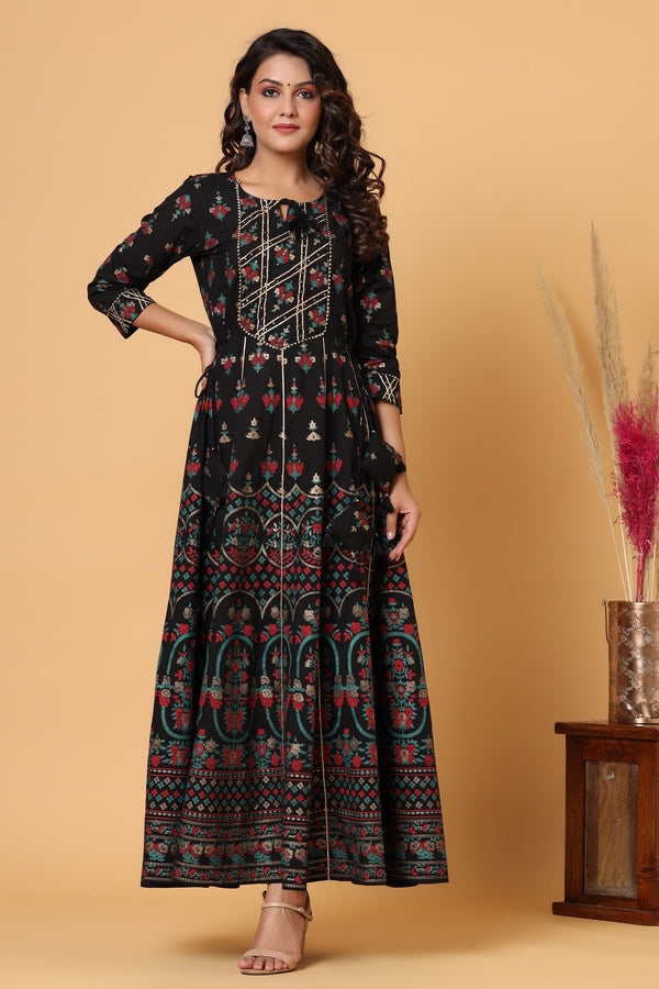 Kaajh Women's Black Gold Printed Embellishment Anarkali Kurta - Distacart