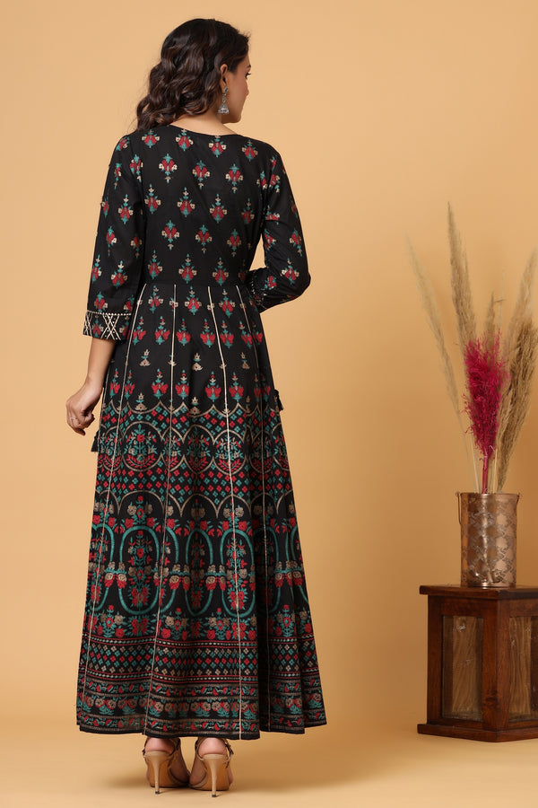 Kaajh Women's Black Gold Printed Embellishment Anarkali Kurta - Distacart