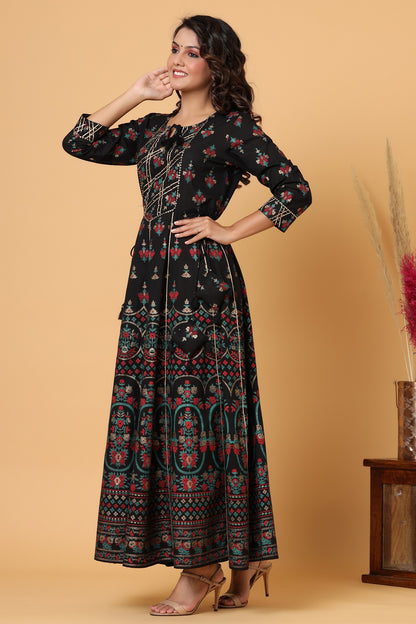 Kaajh Women's Black Gold Printed Embellishment Anarkali Kurta - Distacart