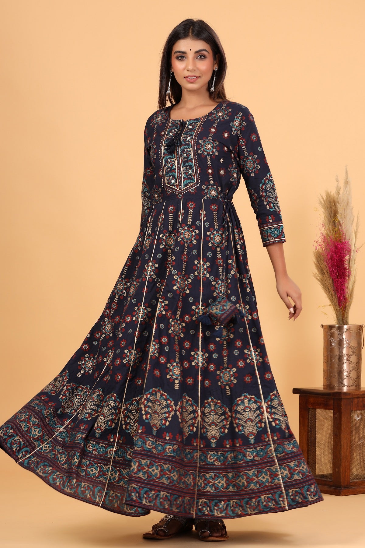 Kaajh Women's Blue Gold Printed Embellishment Anarkali Kurta - Distacart