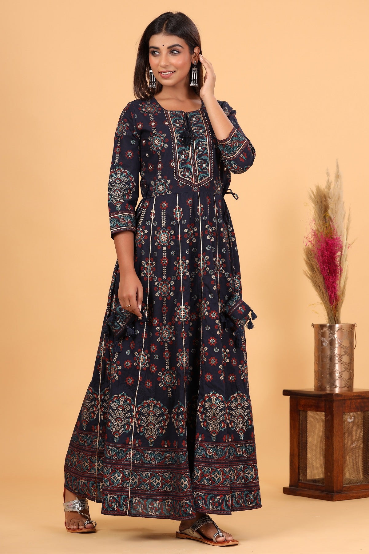 Kaajh Women's Blue Gold Printed Embellishment Anarkali Kurta - Distacart