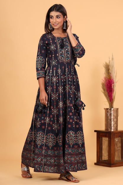 Kaajh Women's Blue Gold Printed Embellishment Anarkali Kurta - Distacart