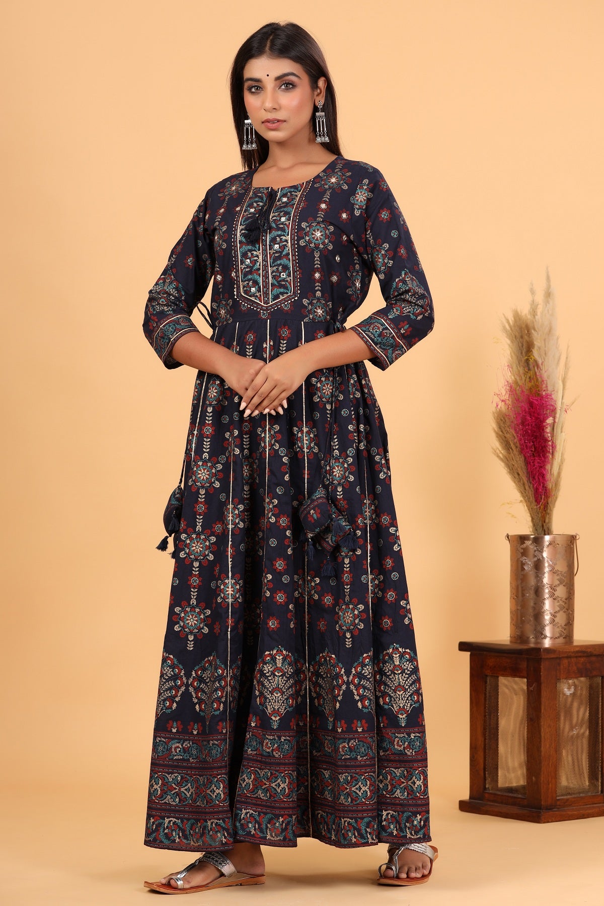 Kaajh Women's Blue Gold Printed Embellishment Anarkali Kurta - Distacart