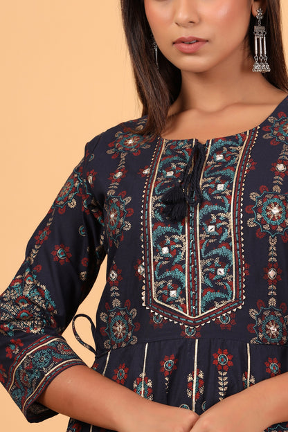 Kaajh Women's Blue Gold Printed Embellishment Anarkali Kurta - Distacart