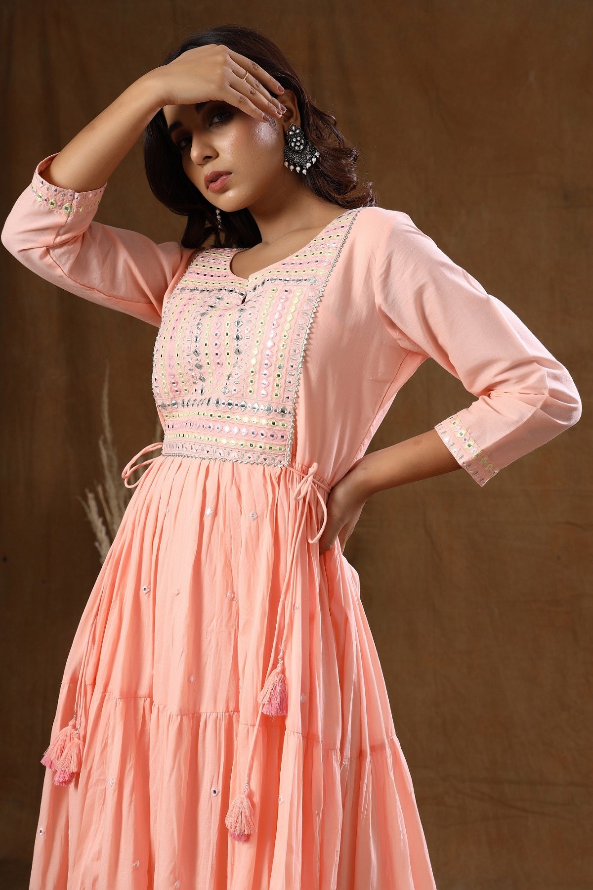 Kaajh Women's Peach Mirror Embellishment Anarkali Kurta - Distacart