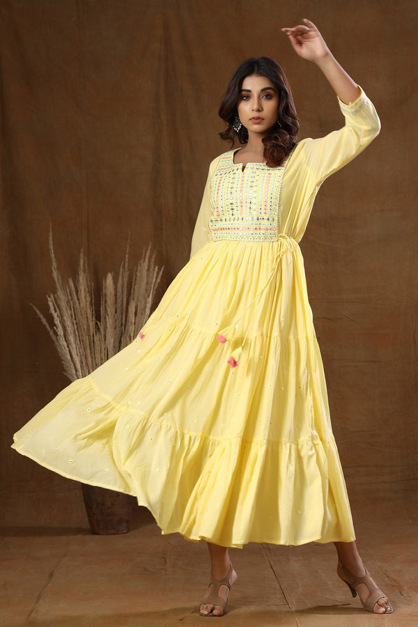 Kaajh Women's Yellow Mirror Embellishment Anarkali Kurta - Distacart