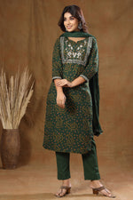 Thumbnail for Kaajh Women's Green Bandhej Embroidery Suit Set - Distacart