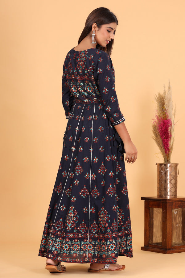 Kaajh Women's Blue Gold Print Embellishment Anarkali Kurta - Distacart