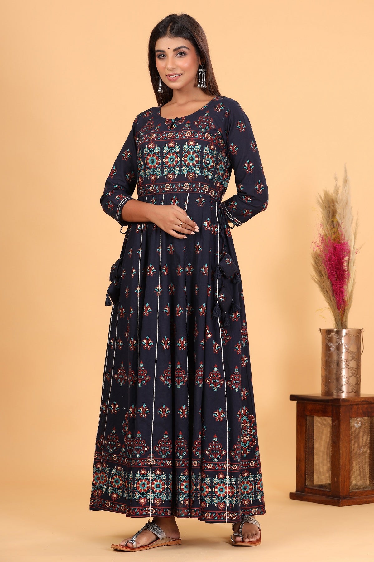 Kaajh Women's Blue Gold Print Embellishment Anarkali Kurta - Distacart