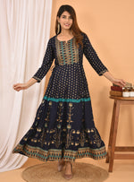Thumbnail for Kaajh Women's Blue Green Gold Print Embellishment Anarkali Kurta - Distacart