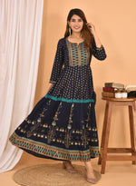 Thumbnail for Kaajh Women's Blue Green Gold Print Embellishment Anarkali Kurta - Distacart