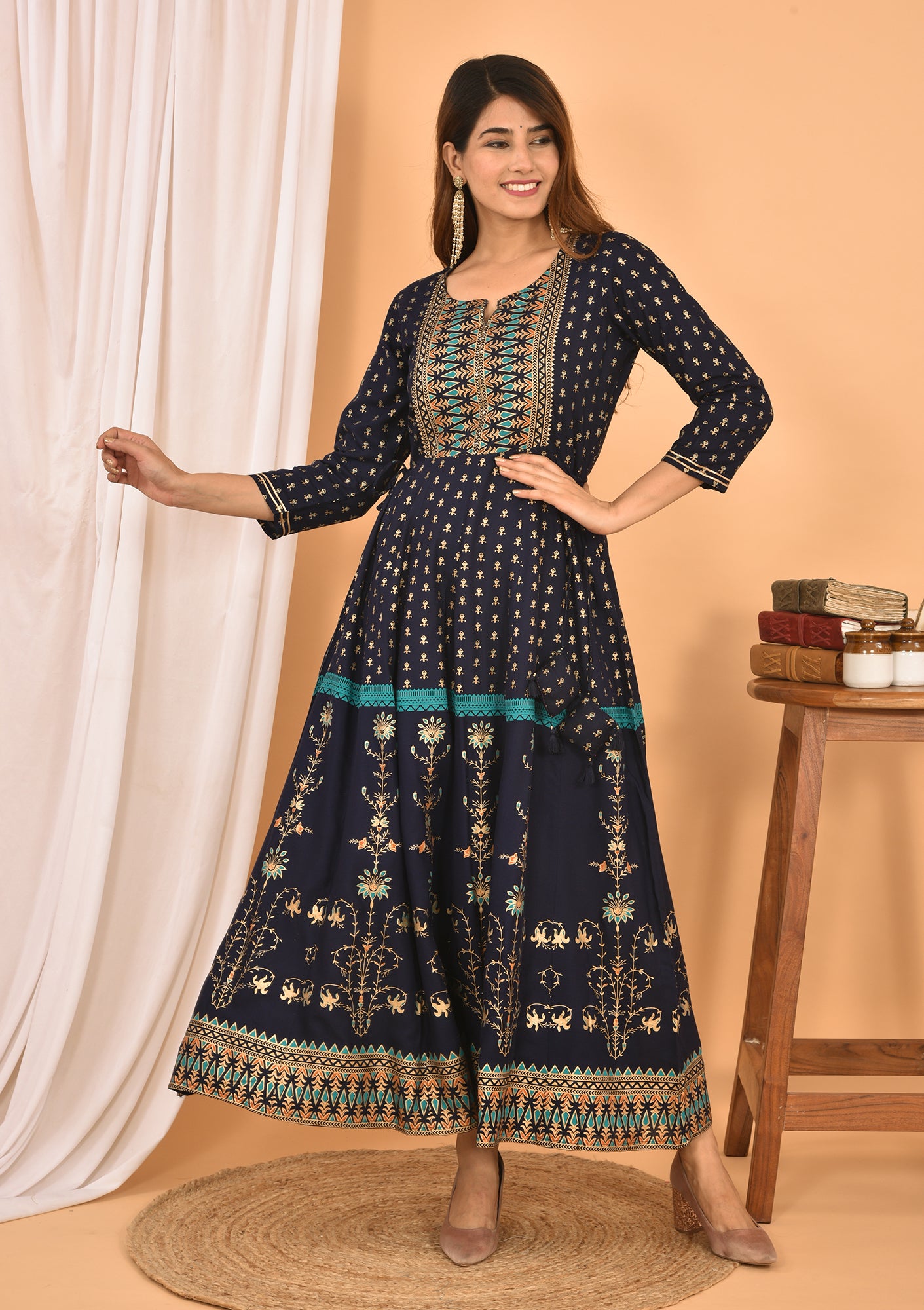 Kaajh Women's Blue Green Gold Print Embellishment Anarkali Kurta - Distacart