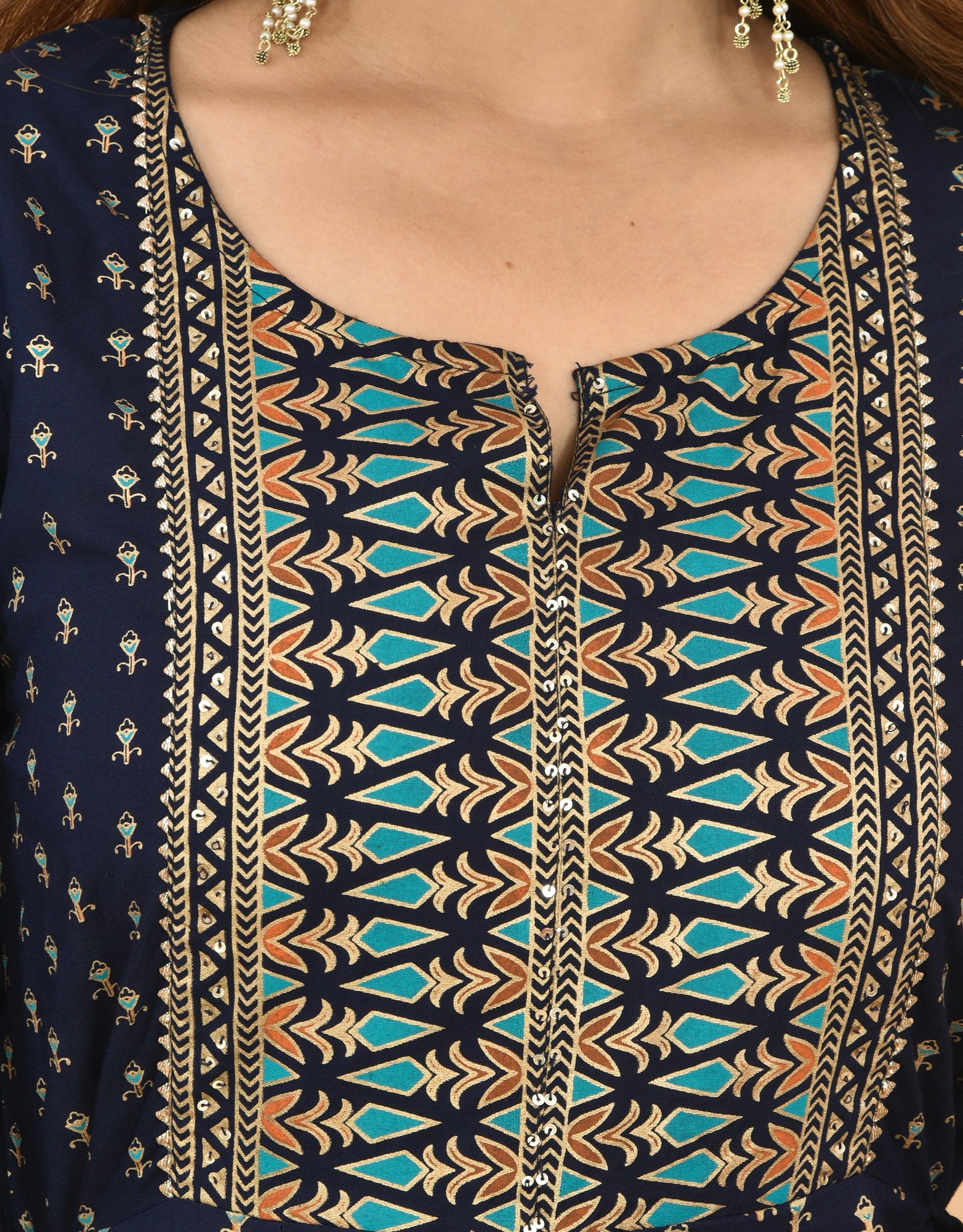 Kaajh Women's Blue Green Gold Print Embellishment Anarkali Kurta - Distacart