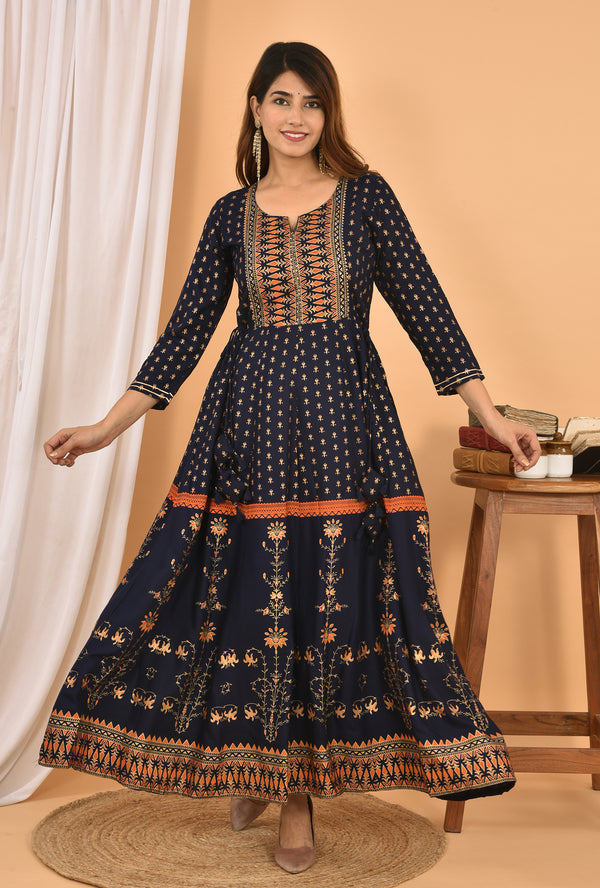 Kaajh Women's Blue Orange Gold Print Embellishment Anarkali Kurta - Distacart