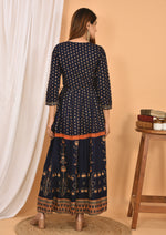 Thumbnail for Kaajh Women's Blue Orange Gold Print Embellishment Anarkali Kurta - Distacart