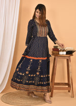 Thumbnail for Kaajh Women's Blue Orange Gold Print Embellishment Anarkali Kurta - Distacart