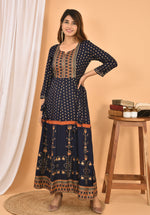 Thumbnail for Kaajh Women's Blue Orange Gold Print Embellishment Anarkali Kurta - Distacart