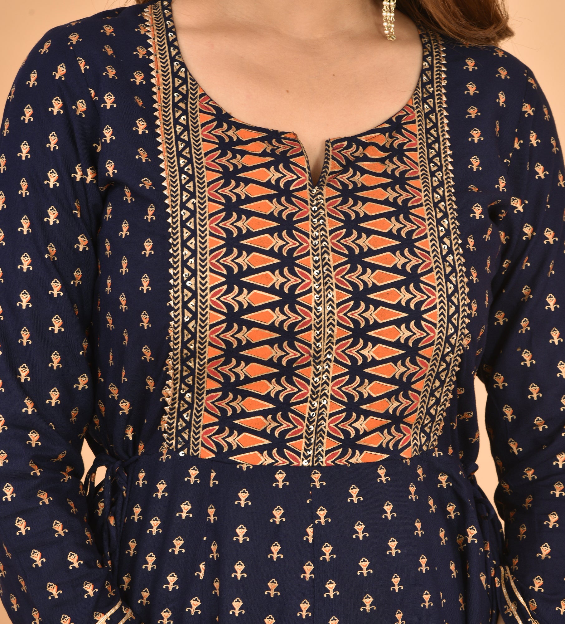 Kaajh Women's Blue Orange Gold Print Embellishment Anarkali Kurta - Distacart