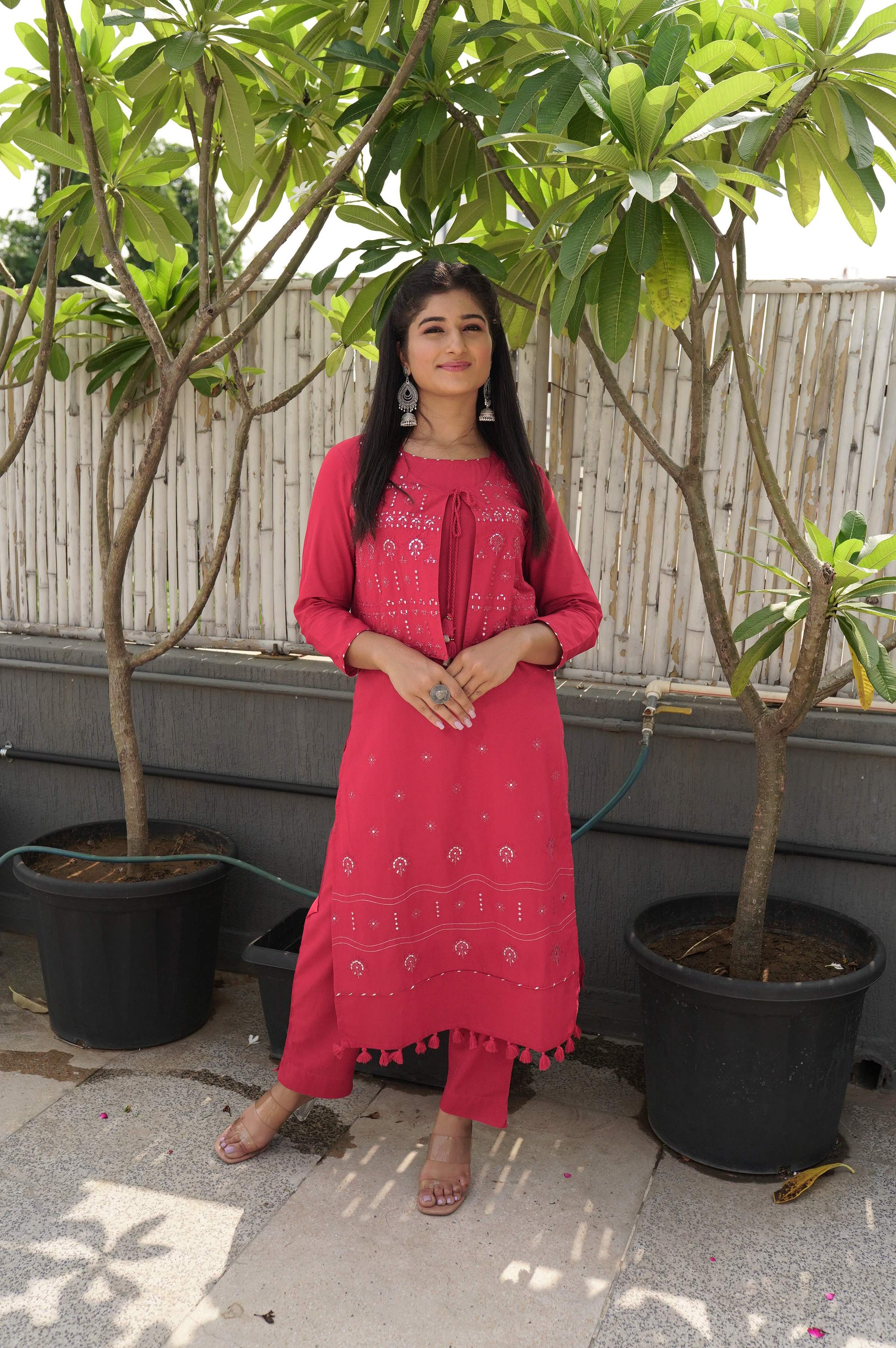 Kaajh Women's Red Printed Jacket Kurta Pant Set - Distacart