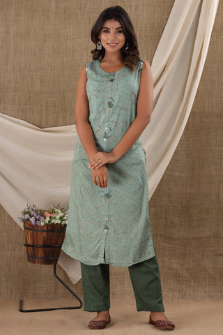 Kaajh Women's Green Sleeveless Casual Kurta Pant Set - Distacart