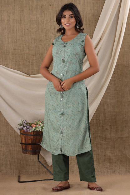 Kaajh Women's Green Sleeveless Casual Kurta Pant Set - Distacart