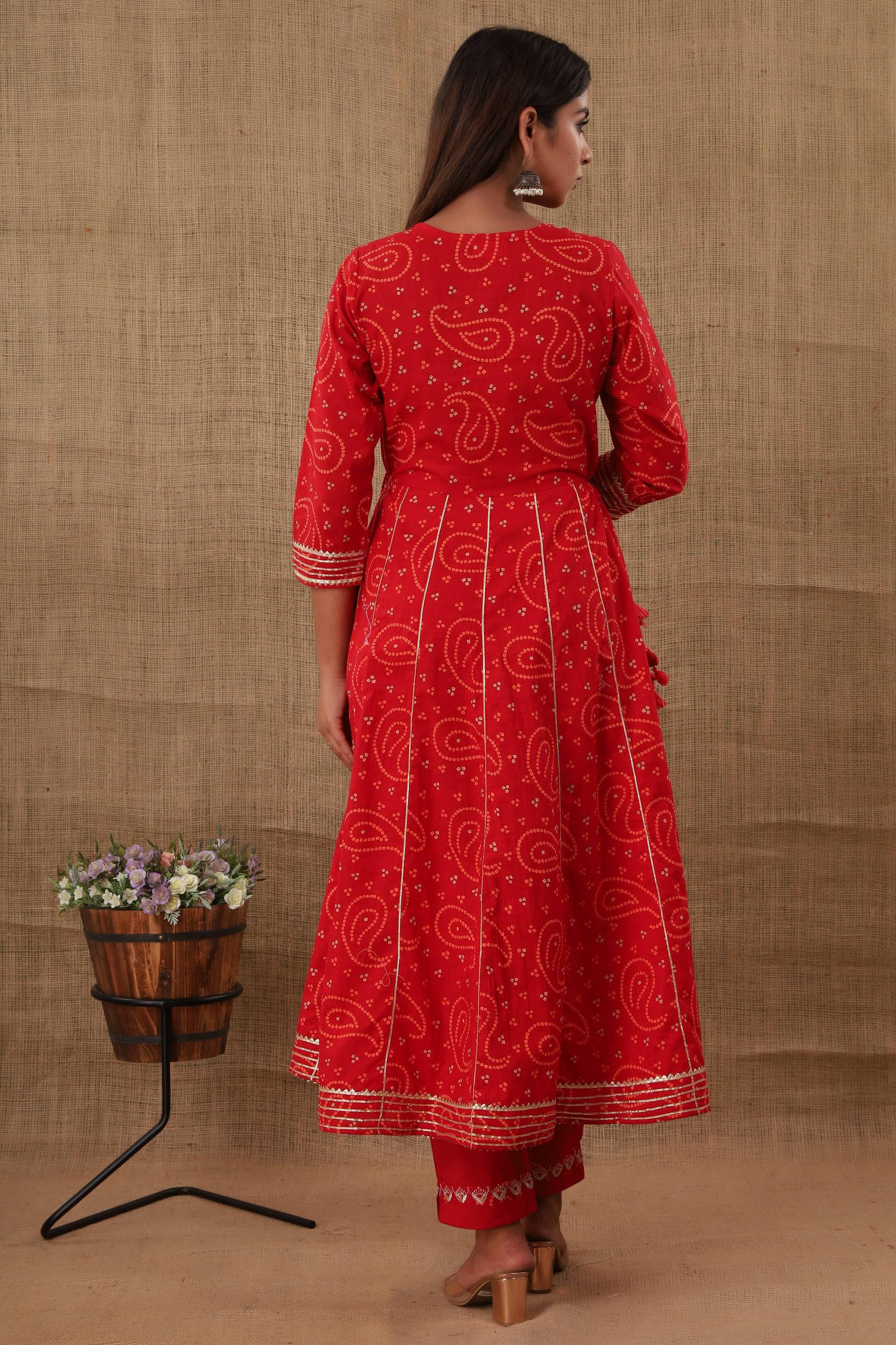 Kaajh Women's Red Bandhej Printed Anarkali Suit Set - Distacart