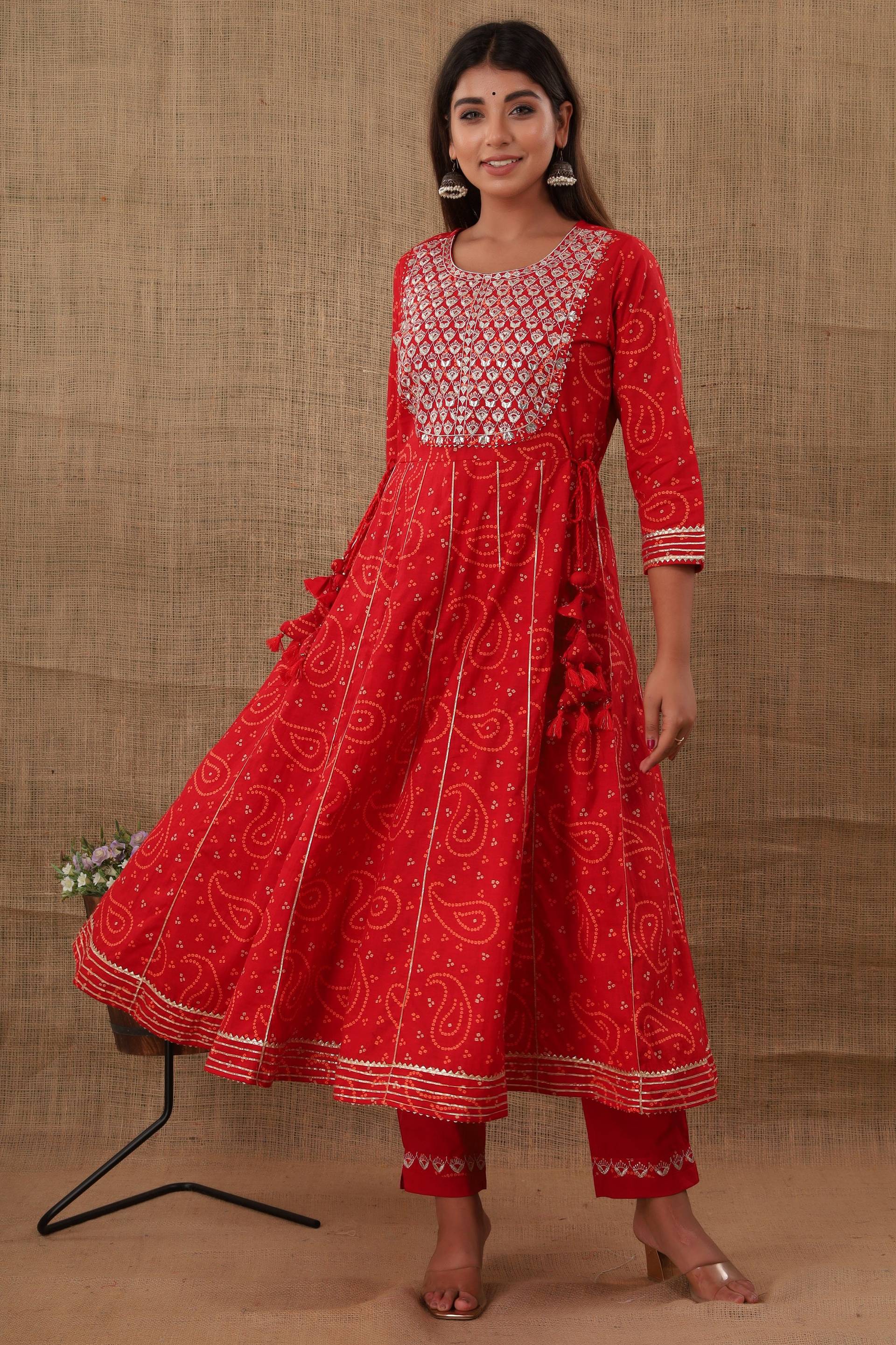 Kaajh Women's Red Bandhej Printed Anarkali Suit Set - Distacart