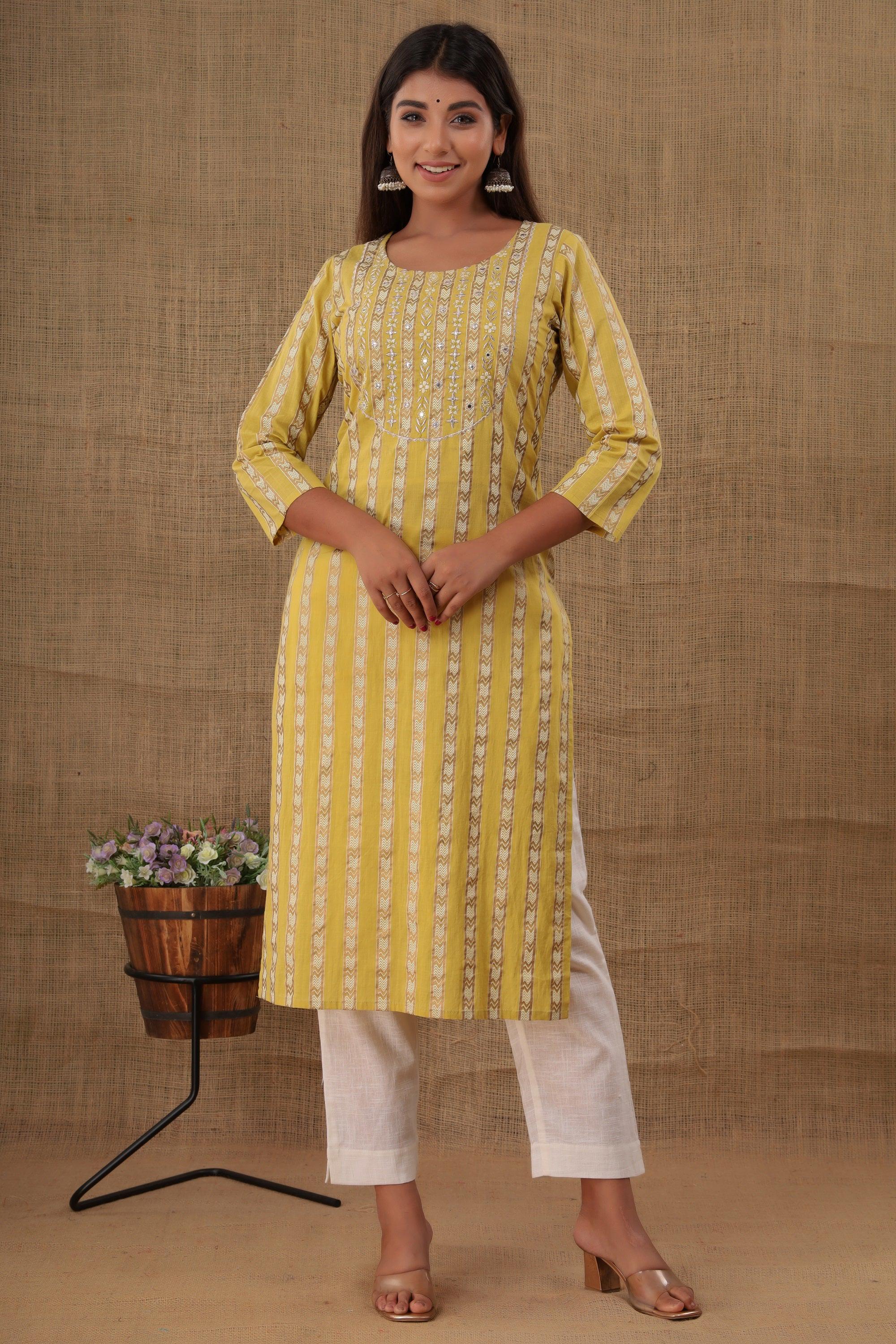 Kaajh Women's Yellow Mirror Embroidery Kurta Pant Set - Distacart