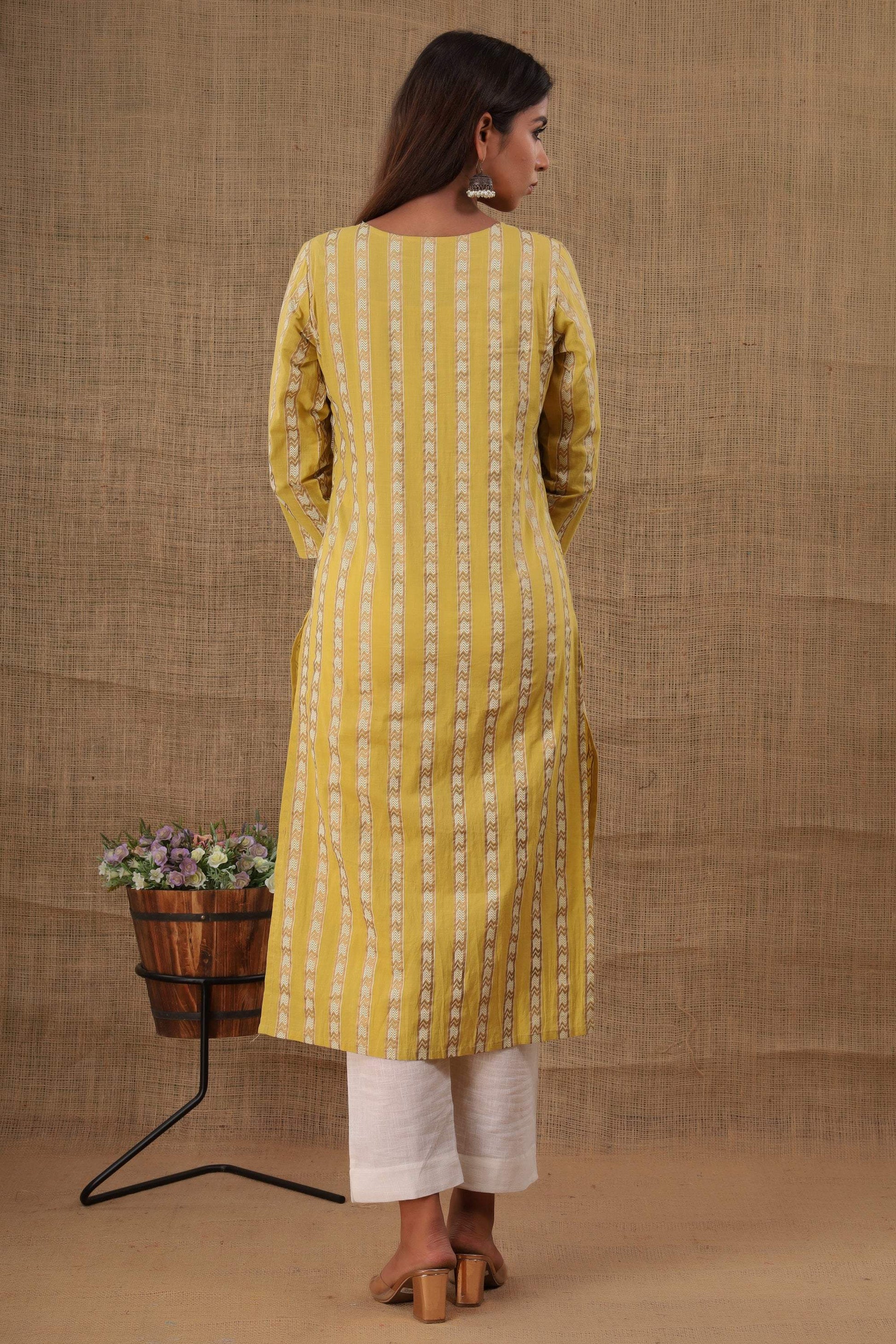 Kaajh Women's Yellow Mirror Embroidery Kurta Pant Set - Distacart