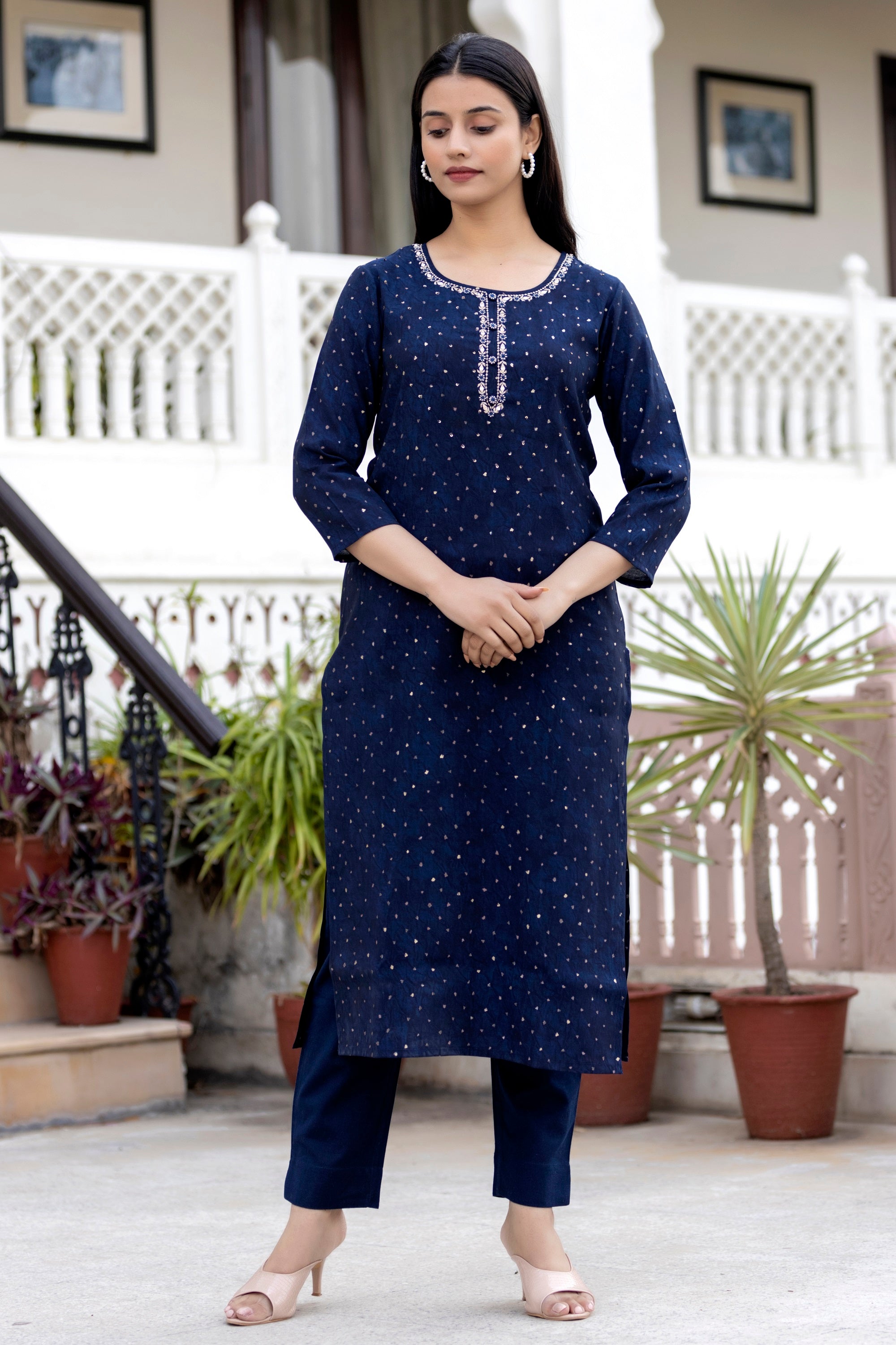 Kaajh Women's Blue Gold Printed Modal Silk Kurta Pant Set - Distacart