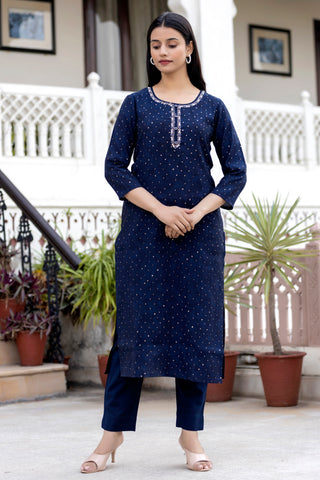 Kaajh Women's Blue Gold Printed Modal Silk Kurta Pant Set - Distacart