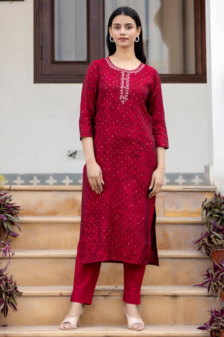 Kaajh Women's Maroon Gold Printed Modal Silk Kurta Pant Set - Distacart