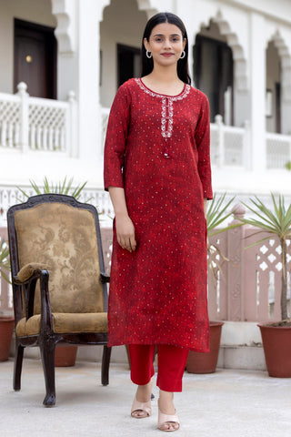 Kaajh Women's Red Gold Printed Modal Silk Kurta Pant Set - Distacart