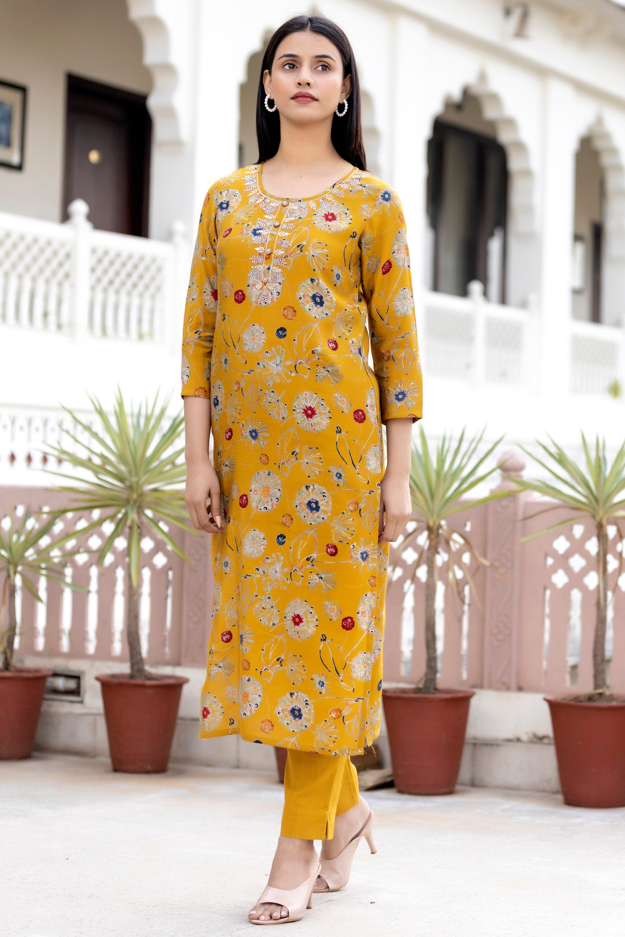 Kaajh Women's Yellow Floral Printed Modal Silk Kurta Pant Set - Distacart