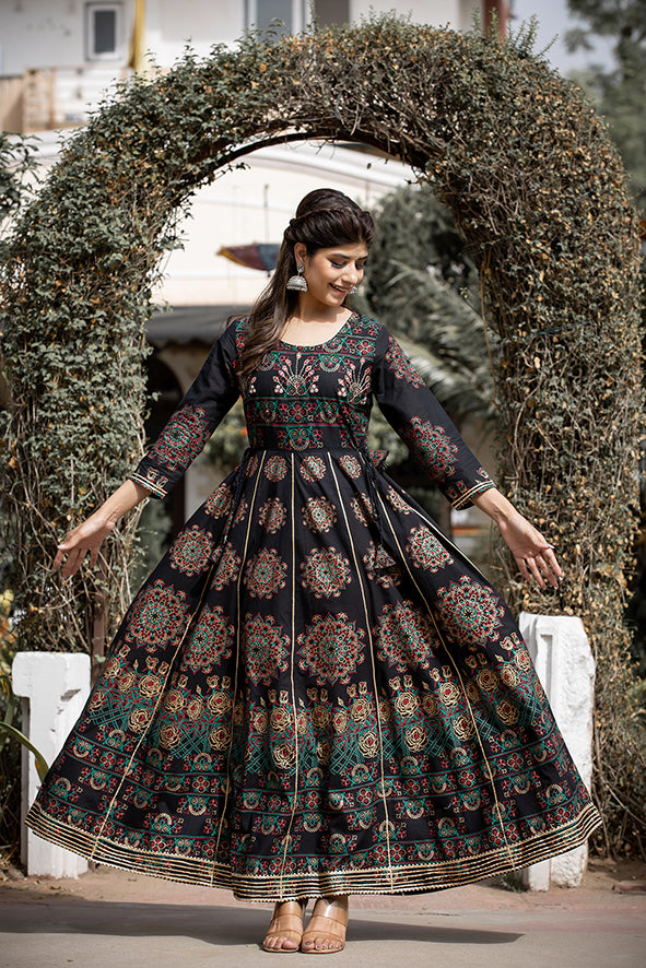 Kaajh Women's Black Gold Printed Ethnic Gown - Distacart