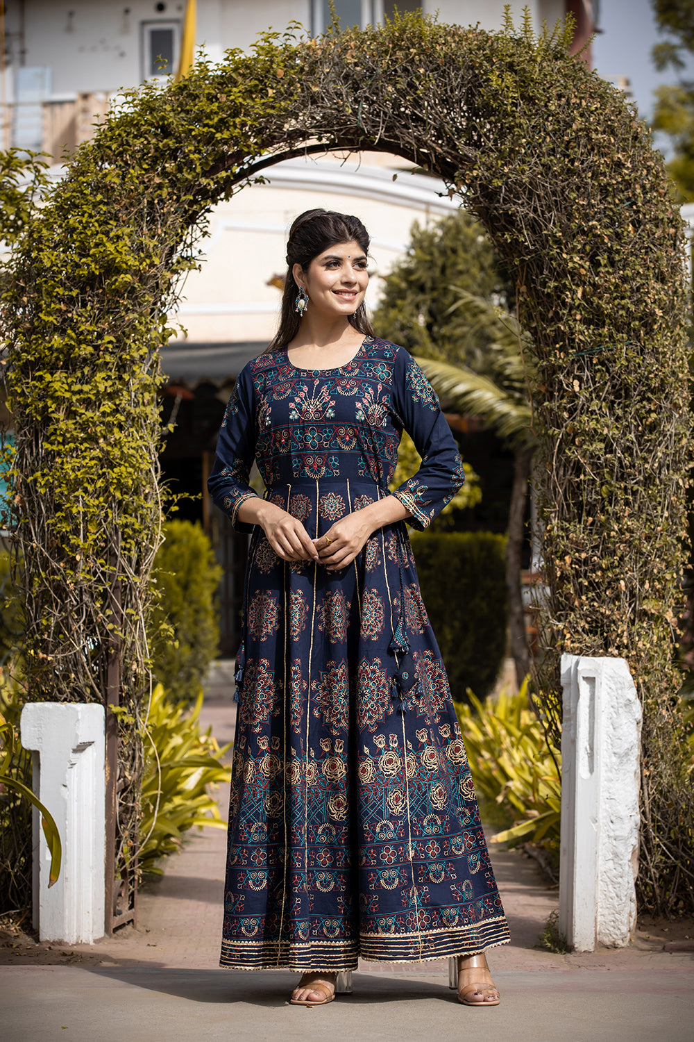 Kaajh Women's Blue Gold Printed Ethnic Gown - Distacart