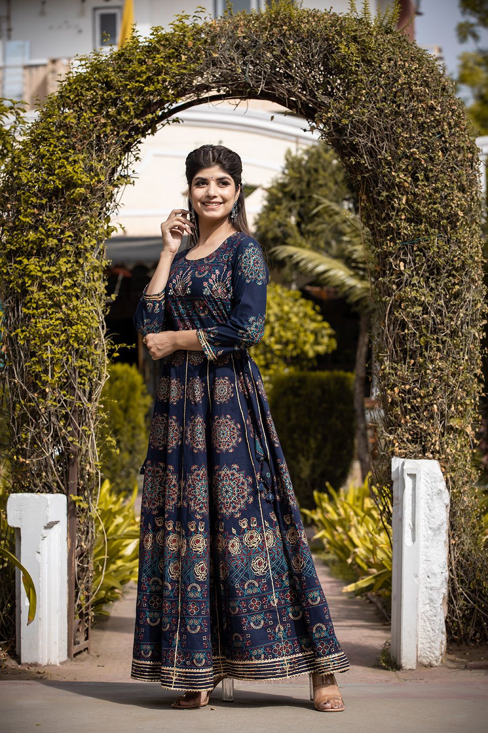 Kaajh Women's Blue Gold Printed Ethnic Gown - Distacart