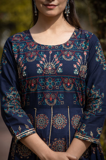 Kaajh Women's Blue Gold Printed Ethnic Gown - Distacart