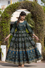 Thumbnail for Kaajh Women's Green Gold Printed Ethnic Gown - Distacart